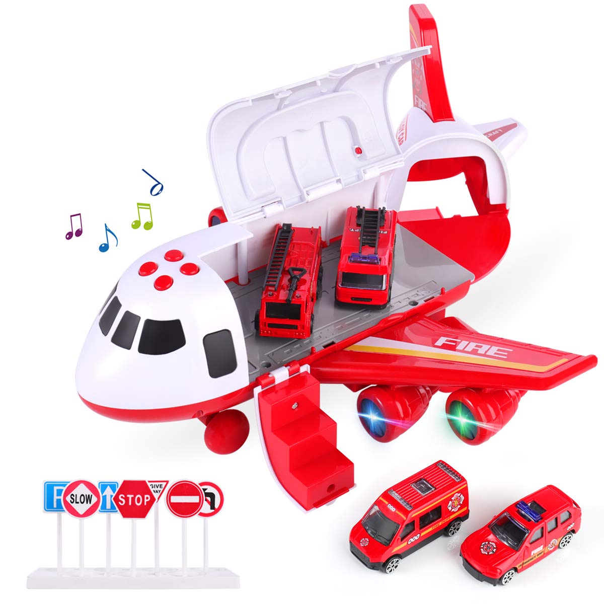 SHANNA Aircraft Vehicle Playset, Inertia Wheel Airplane with Vehicles Educational Toy Set, 1 Large Plane, 4 Alloy Car for Toddlers Over 3 Years Old (Fire Truck -Red)