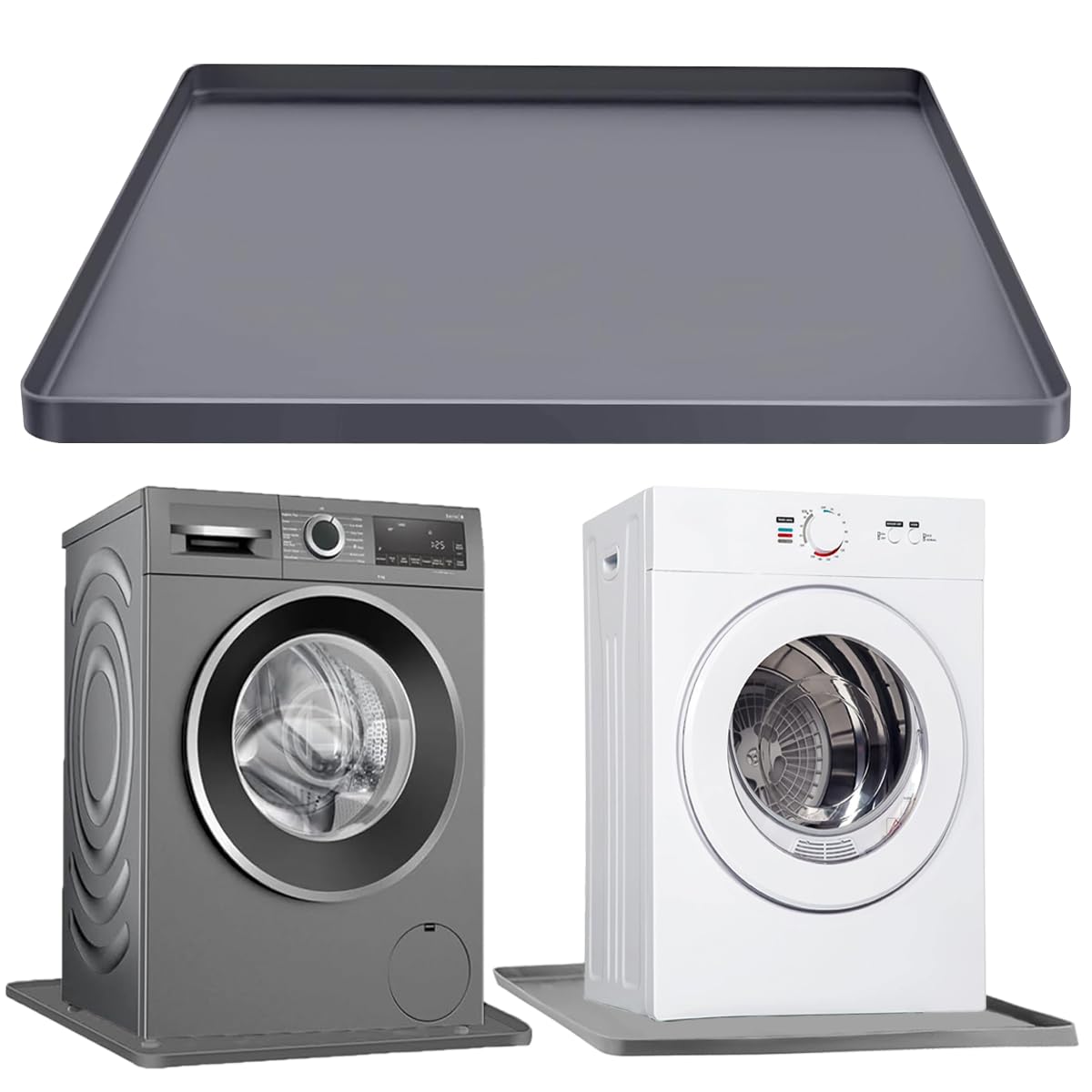 Photo 1 of Washing Machine Pan Washer Drain Pan Silicone Mat, Washer Tray Soft Bottom Pad Under Dryer Drip Pan Floor Protector, 27x27 Inch Non-Slip Leak Pan Anti-Vibration Waterproof Washer Drip Tray (gray)