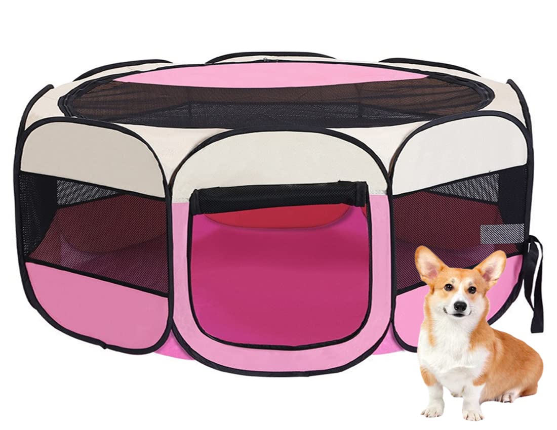 Floving Portable dog fence Foldable Pet playpen Delivery Room Dia 45“ Cat enclosure Cat Pregnant Closed Pet Tent Dog Breeding Delivery Box with carrybag (XL, Pink)