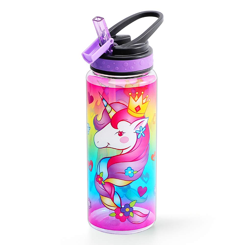 Home Tune Cute Water Bottle for School Girls Boys, BPA Free Tritan, Leak Proof Flip Straw, Easy Clean, Carry Handle, 680ml - Unicorn