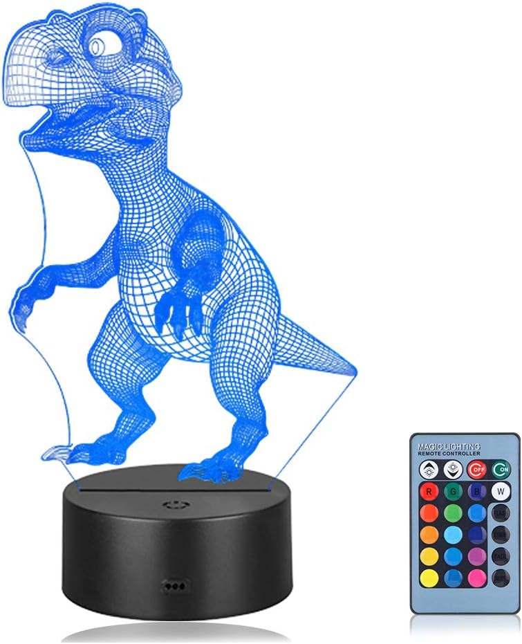 Linkax 3D LED Night Light Optical Illusion Light Illuminating Light Desk Table Light Lamp 7 Color Remote Control with Acrylic Flat & ABS Base & USB Charger (Dinosaur)