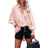 Button Down Shirts for Women Oversized Smocked Cuffed Collared Boyfriend Shirt Long Sleeve Blouse Tunic Top with Pocket