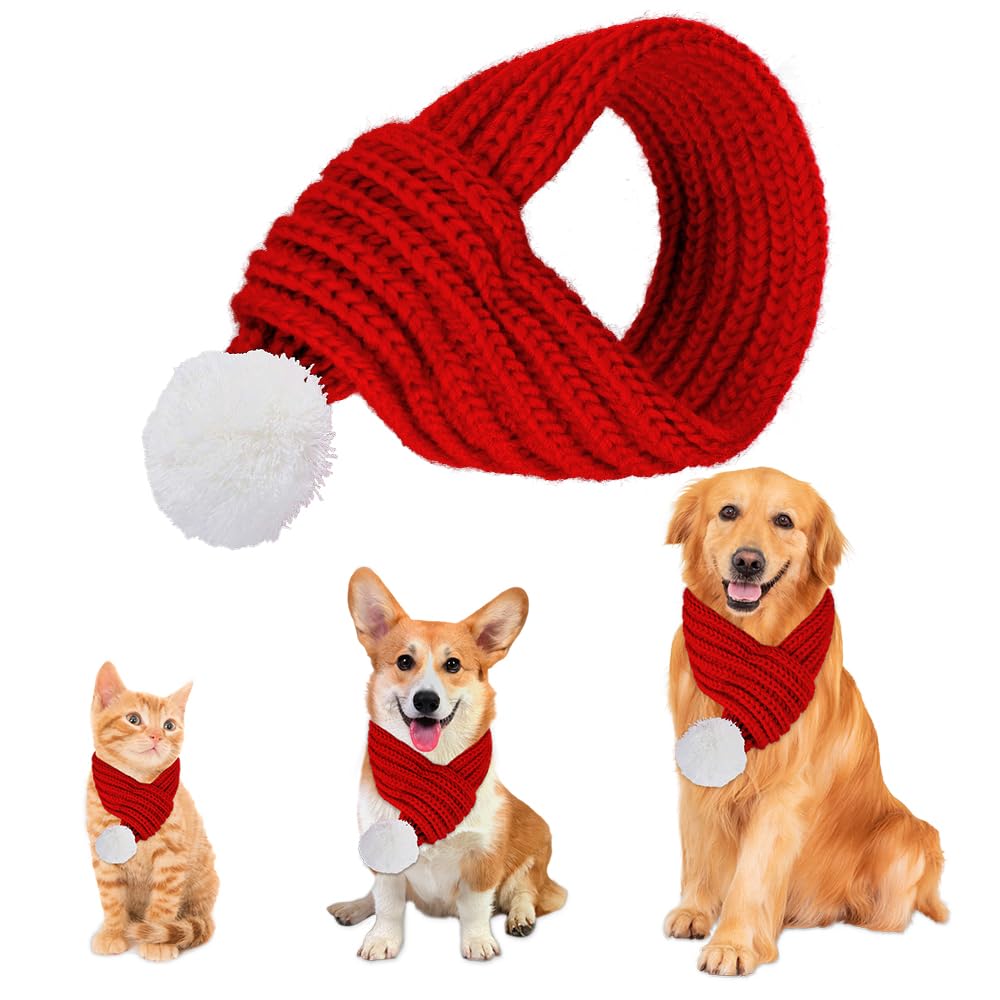 ZTA Dog Knitted Scarf for Dogs Cats Santa Red Scarf Winter Neck Warmer Pet Apparel Costume Size Small