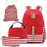 Joyfulife School Backpacks for Teen Girls Lightweight Canvas Backpack Student Bookbags with Lunch Bag 4 in 1
