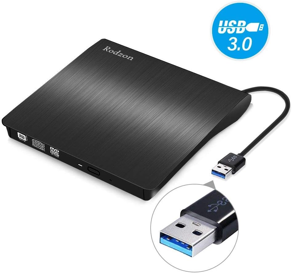 External CD Drive, Rodzon USB 3.0 CD/DVD +/-RW Drive, Compact DVD CD ROM Writer/Rewriter/Burner, High Speed 5Gbps for Macbook/Laptop/Desktop/Tablet/Chromebook Windows 7/8.1/10 and Linux OS-Slim Black