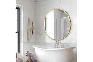PUZONJIG Round Mirror 24 Inch Gold Round Bathroom Mirror Wall Mirror Brushed Metal Frame Anti-Rust Tempered Glass for Bathroom Bedroom Entryway Living Room