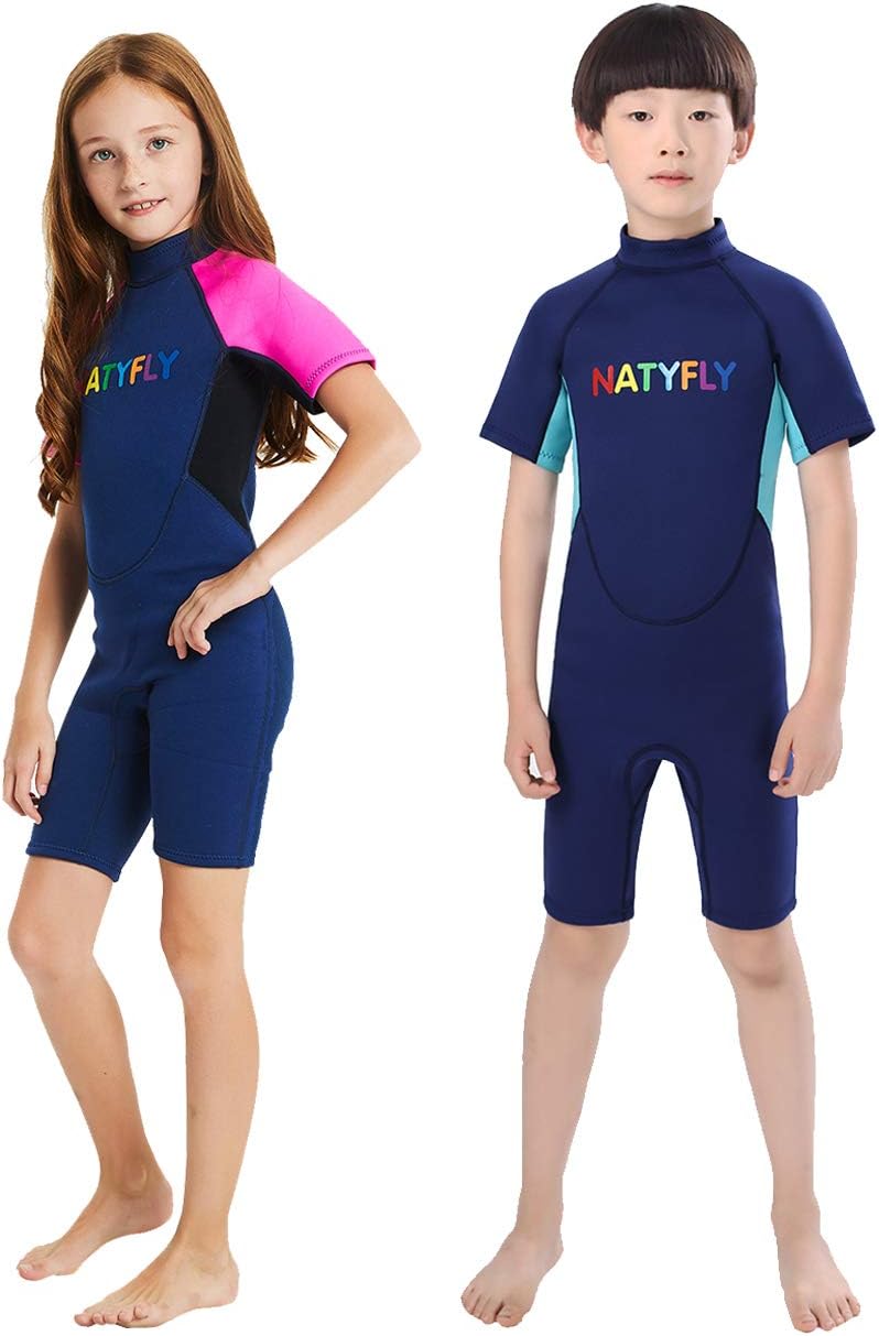 NATYFLY Kids Wetsuit Premium 2mm Neoprene Short Sleeve Youth Shorty Wetsuit for Girls Boys Child