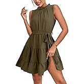 Umenlele Women's Ruched Trim Crewneck Sleeveless Tie Knot High Waist Ruffle Layered Short Dress