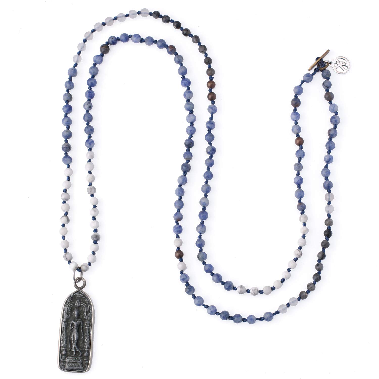 KELITCH Buddha Pendant Necklaces Natural Stone Beaded Necklaces Handmade Long Chain Strands Necklaces Jewelry for Women (Blue C)