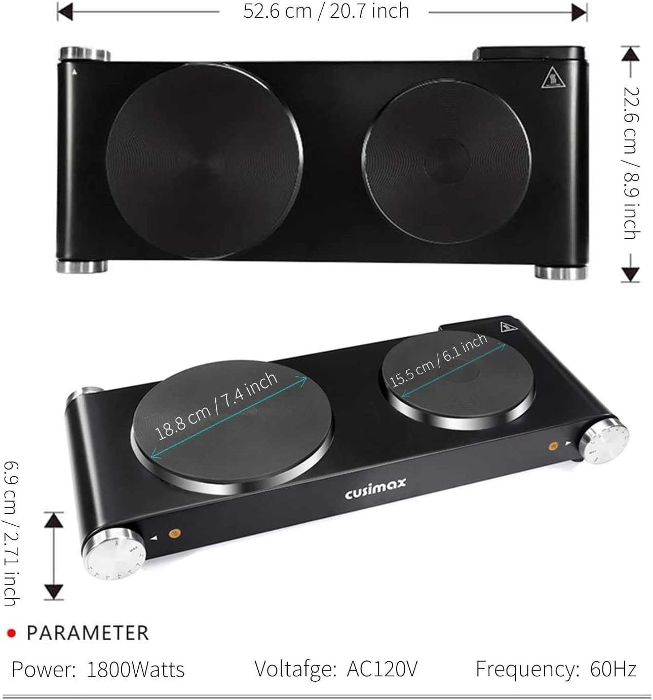 Cusimax Double Hot Plates, 1800W Double Burner, Portable Electric Hot Plate for Cooking, Countertop Cooktop, Cast Iron Stove, Heating Plate, Compatible with All Cookwares, Upgraded Version: Kitchen & Dining