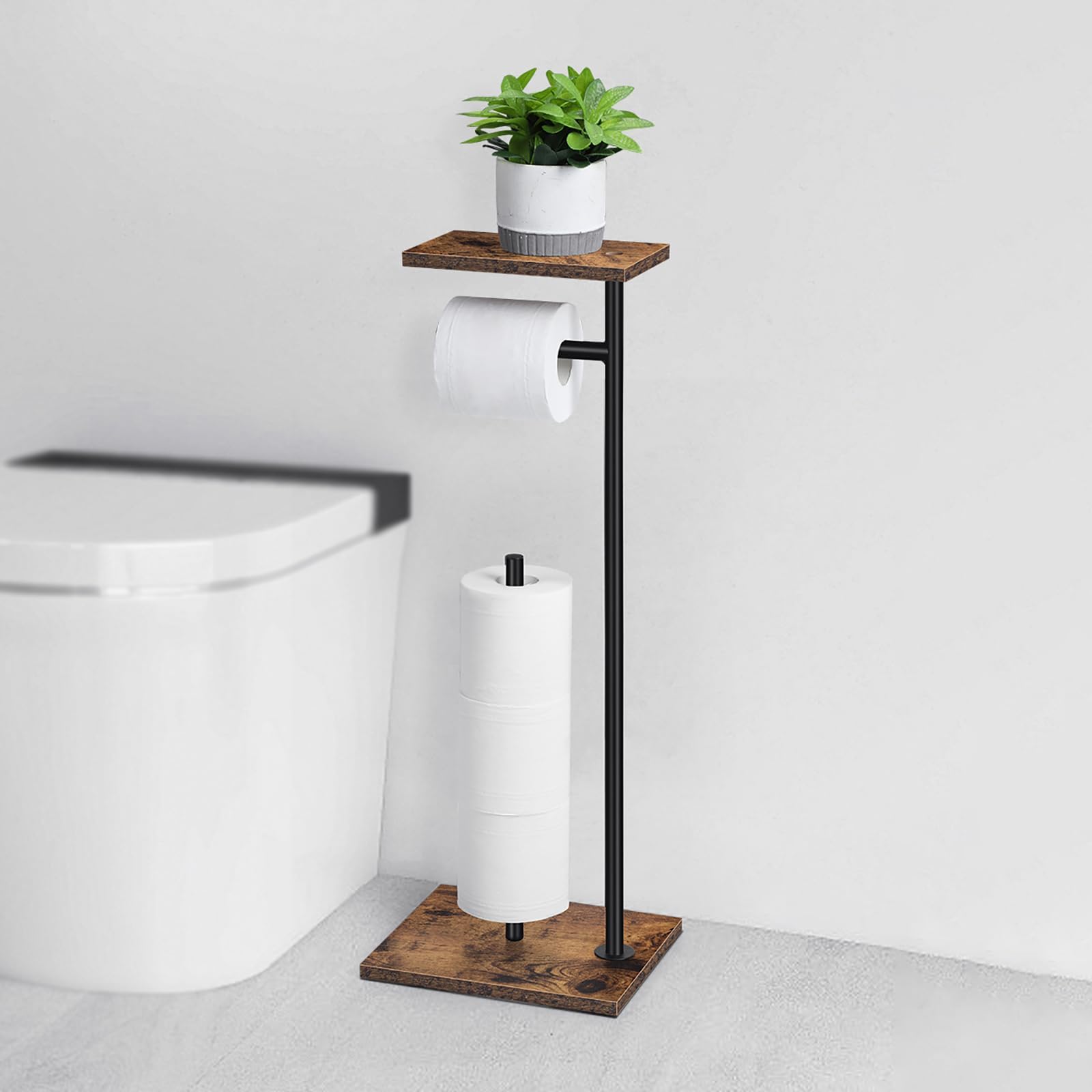 UOMIO Toilet Roll Holder Stand with Wooden Storage Shelf, Freestanding Toilet Paper Holder with Phone Shelf, Bathroom Spare Paper Rack Dispenser for 4 Reserve Rolls — image 1