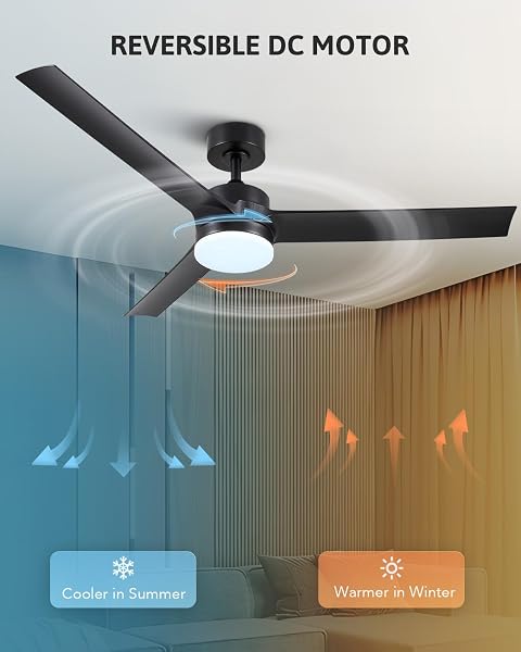 VONLUCE CEILING FANS WITH LIGHTS, 52 INCH CEILING FANS WITH LIGHTS AND REMOTE, 6-SPEEDS NOISELESS REVERSIBLE DC MOTOR, 3CCT, MODERN CEILING FAN FOR FARMHOUSE BEDROOM PATIO, BLACK
