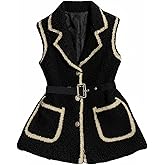 GORGLITTER Women's Fuzzy Long Vest Contrast Trim Sleeveless Button Down Fall Winter Coat Outerwear 2025 Trendy