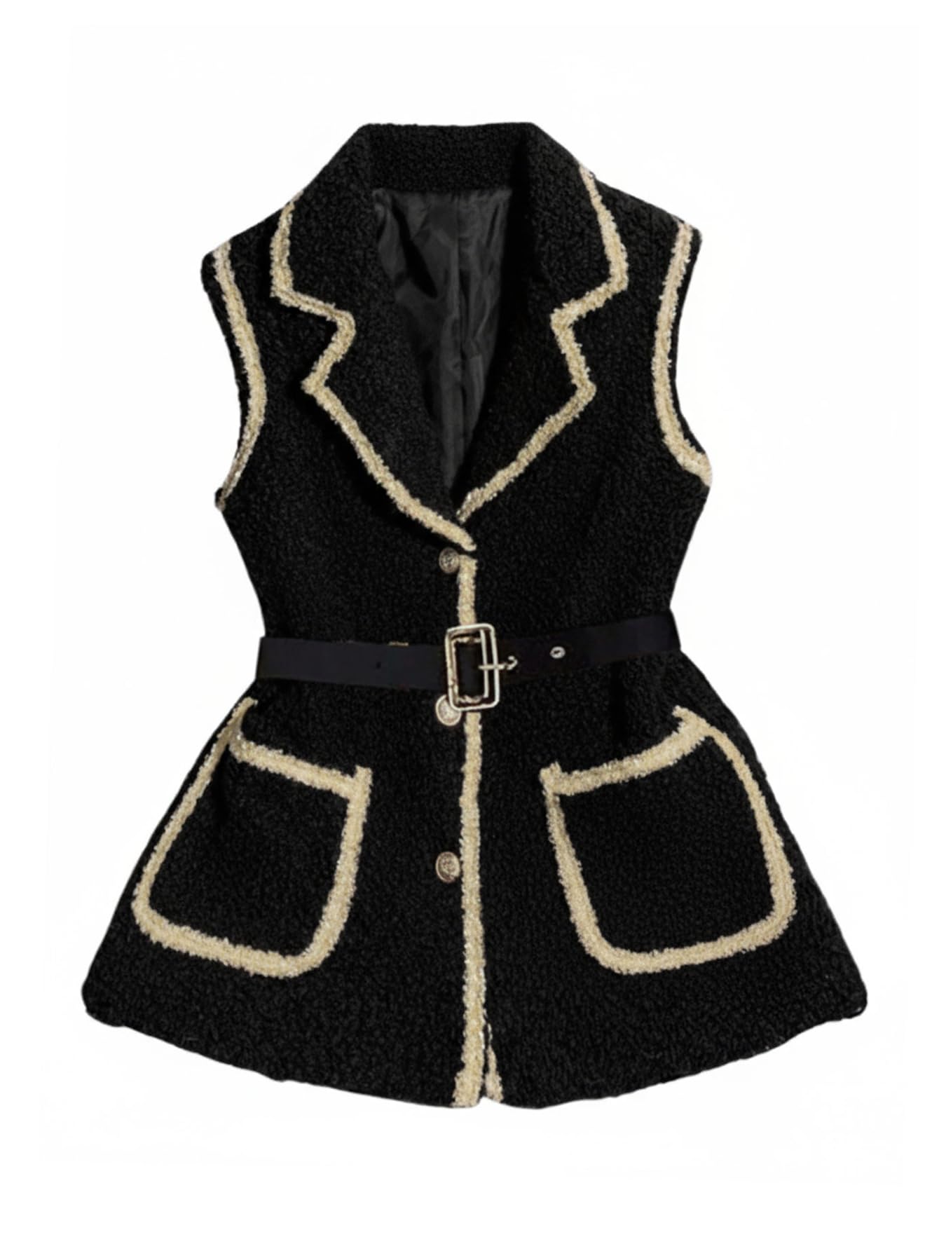 Photo 1 of ***MISSING BELT -SELLING AS IS *** GORGLITTER Women's Fuzzy Long Vest Contrast Trim Sleeveless Button Down Fall Winter Coat Outerwear 2025 Trendy Black Medium