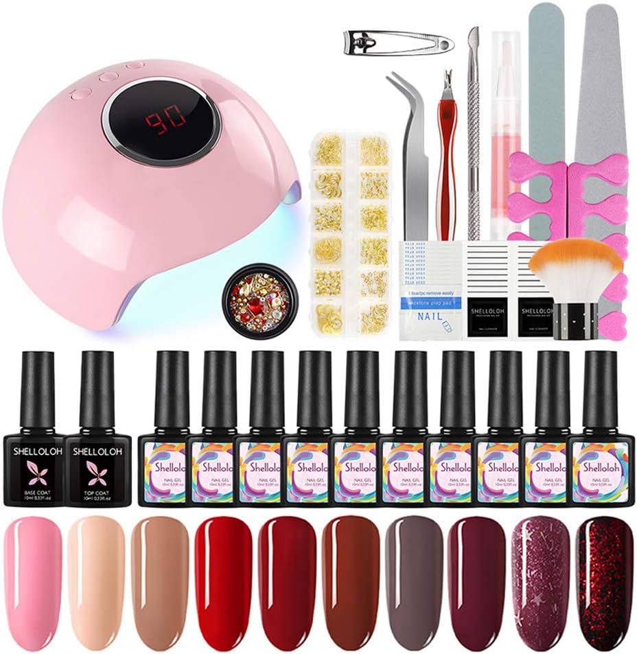 10 pcs Gel Nail Polish Kit with Uv Light 24W LED Nail Lamp Dryer Top Coat Base Nail Tools Decoration Kits Rhinestones Nail Art Equipment Manicure Kit Gift