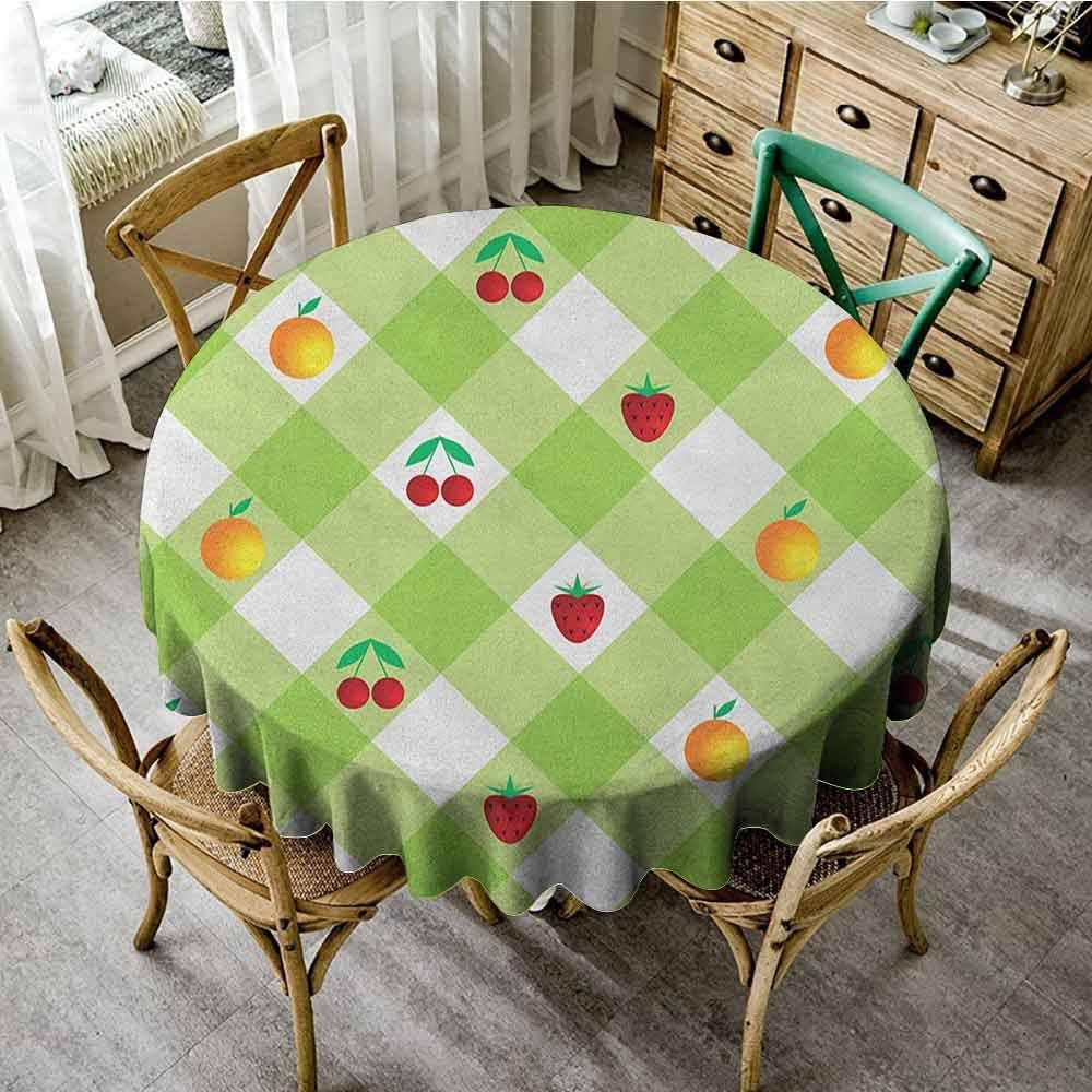 Lauren Russell Table Cover Checkered Fresh Ripe Fruits Summertime Theme with Cherry Strawberry Oranges Pistachio Green Red Orange Print Round Tablecloth Diameter 36"