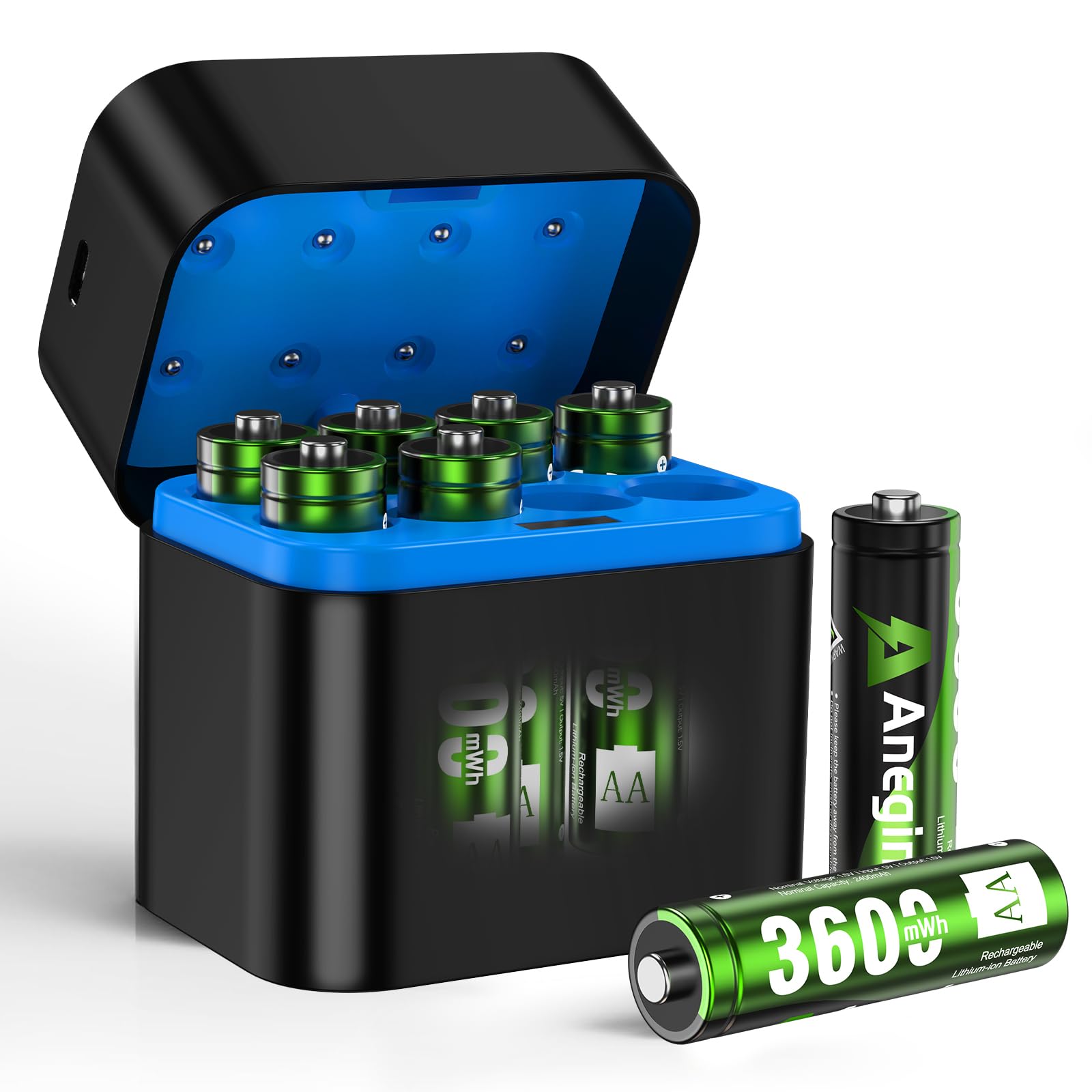 Anegine Rechargeable Lithium AA Batteries 8 Pack with Fast Charger, 3600mWh AA Lithium Batteries for Blink Outdoor Camera, 1.5V Constant Output Blink Camera Batteries Recharge up to 2000+ Times(Green)