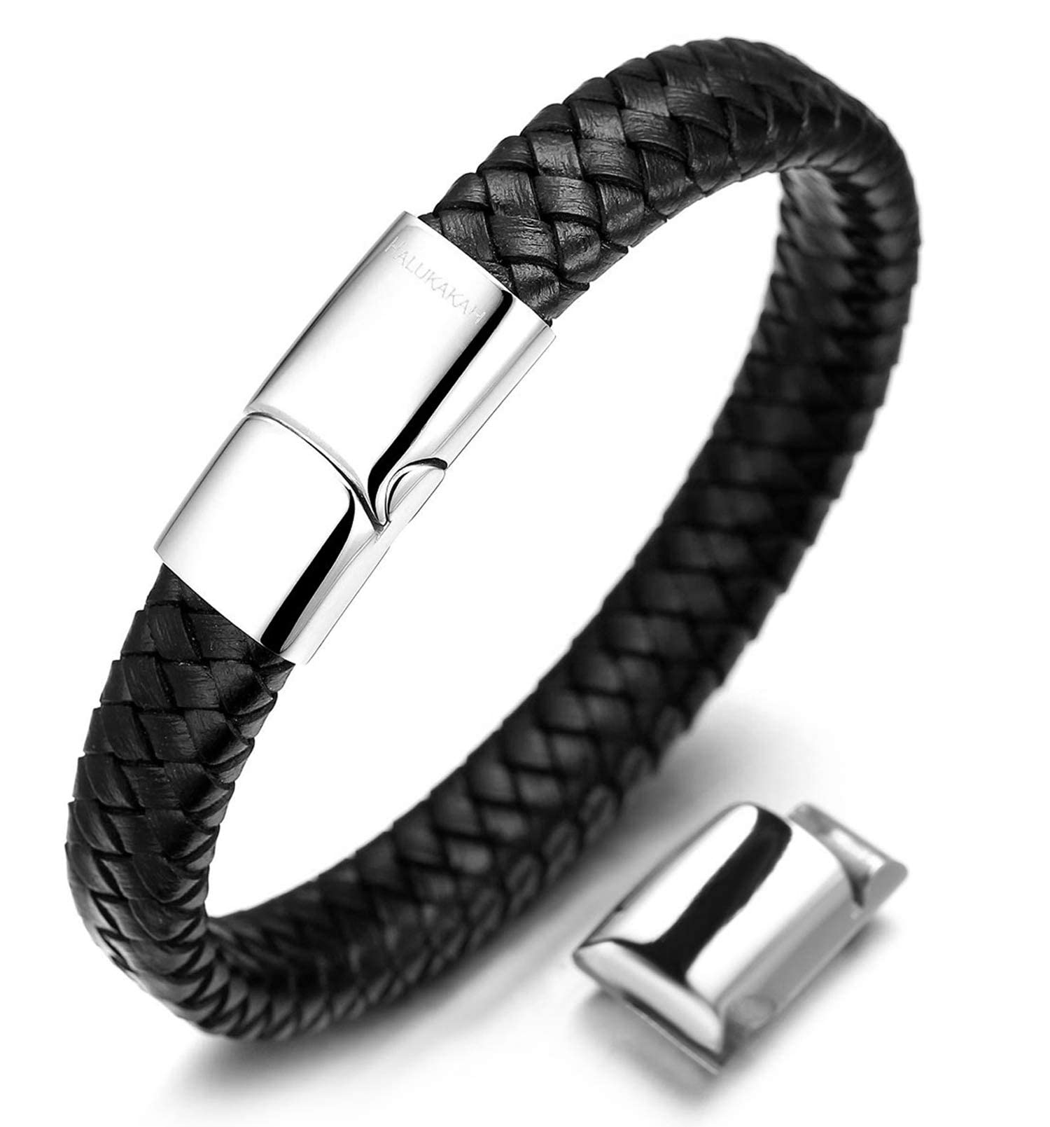 HALUKAKAH Kids ? Solo Junior ? Boy's Genuine Leather Bracelet Black 6-12+3 Y/O. Titanium Magnetic Clasp Size Adjustable 7"-7.7"(18-19.5cm) with Free Giftbox — image 1