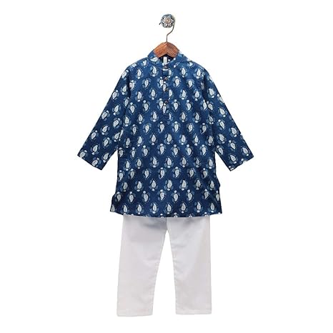 Campana by Hopscotch Boys Cotton Paisley Print Kurta Pyjama Set in Blue Color