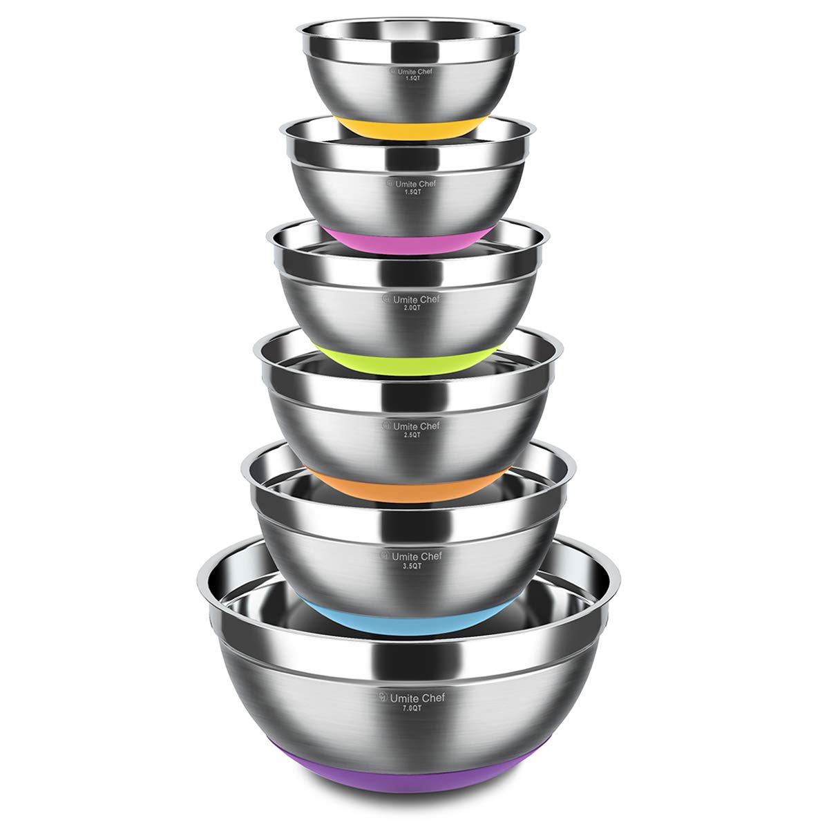Set of 6 Stainless Steel Mixing Bowls Non Slip Colorful Silicone Bottom