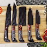 Handmade Damascus Steel Kitchen Knife Set of 5pcs With sheath Chef knife set Chef Knives set Kitchen Gadgets Handmade Kitchen Gifts Viking Kitchen Knife For Men, Valentines day gifts for him (Black)