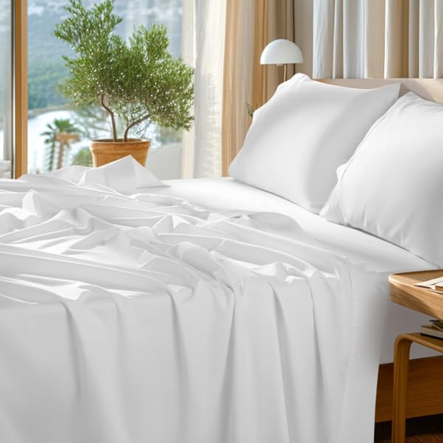 Photo 1 of SONORO KATE 100% Egyptian Cotton Sheets Set - 1000 High Thread Count, Luxury 5-Star Hotel Sateen Bed Sheets, Soft, Breathable Long Staple Sheets, Fit up to 16" - 4 PC (White,King)
