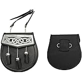SZCO Medieval Sporran 8 Inch - Plated Celtic Design Leather Pouch with 3 Tassels - Scottish Kilt Sporran with Chain Belt for Men - Medieval Bag for Costume & Renaissance Accessories