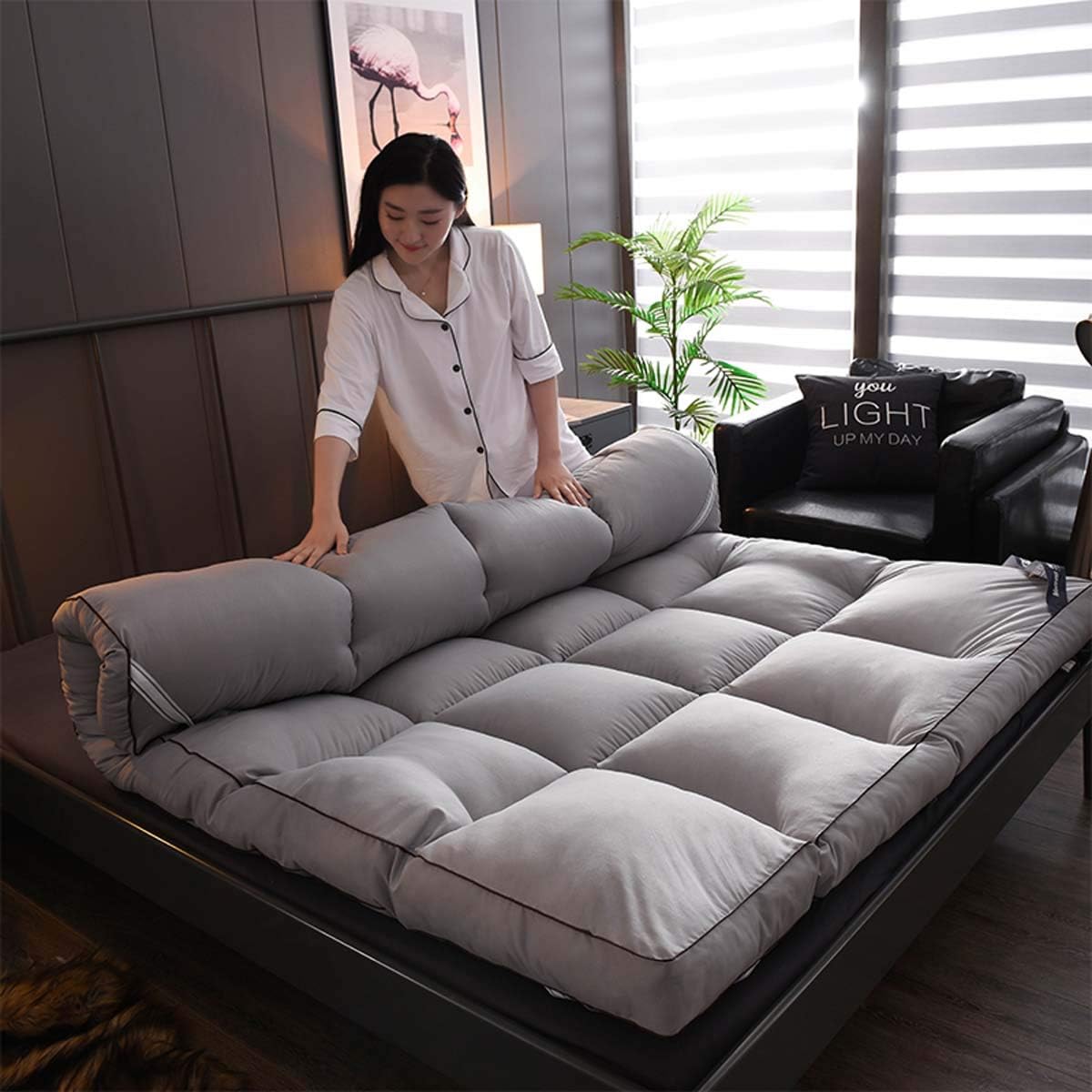 LYBFNN Japanese Floor Mattress Futon Mattress, Thicken Tatami Mat Sleeping Pad Foldable Roll Up Mattress Boys Girls Dormitory Mattress Pad Kids Floor Lounger Bed Couches and Sofas,Gray,90 * 200cm
