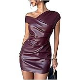 Milumia Women's PU Leather Ruched Bodycon Mini Dress Asymmetrical Neck Cap Sleeve Club Party Dresses