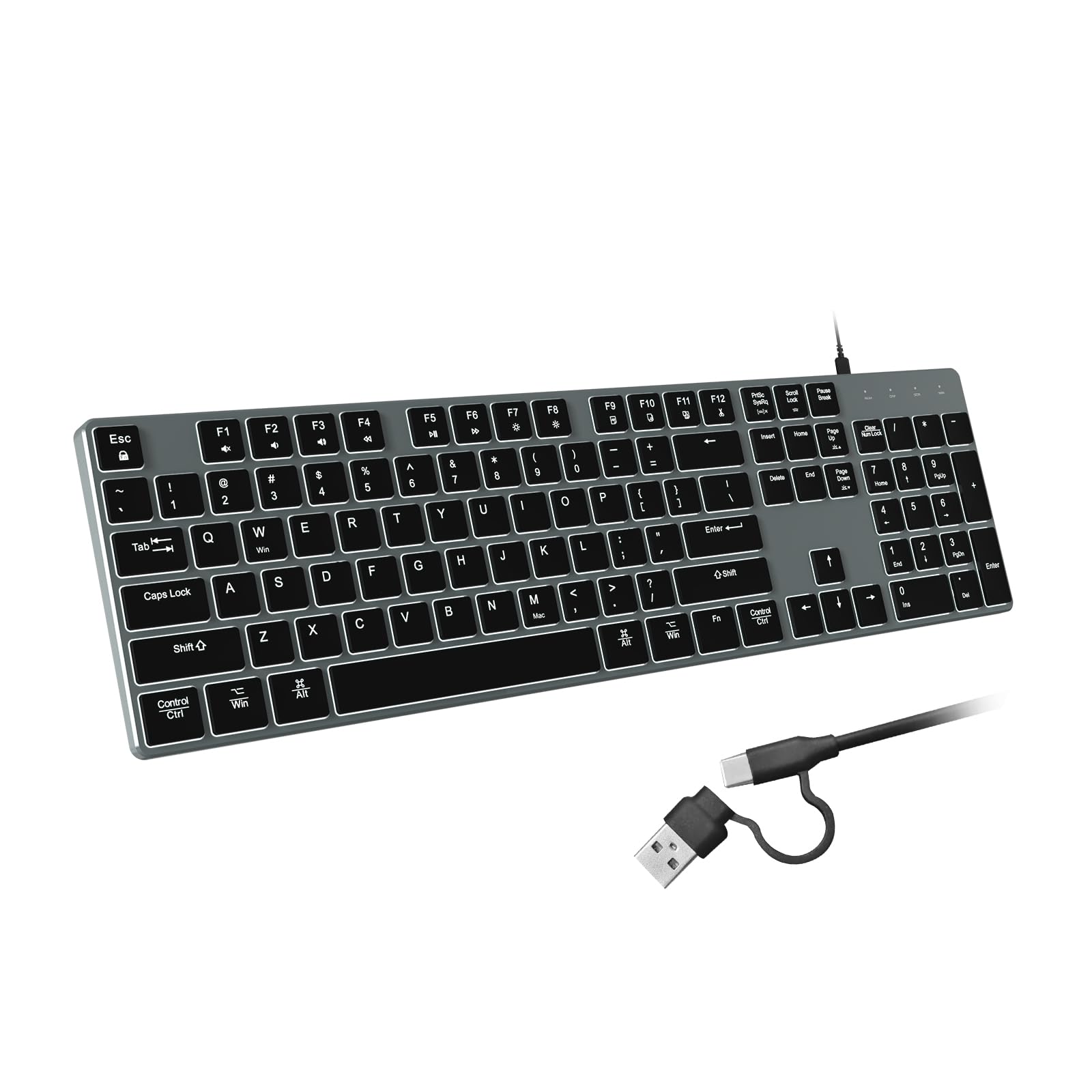 Photo 1 of **LOTS OF KEYS DONT WORK**POWZAN Wired Backlit Keyboard for Windows/Mac,Aluminum Slim & Quiet Full Size Keyboards Light Up with USB A/USB C Dual Interface,Compatible with iMac,MacBook,iPad,Laptop,PC-Gray Black (Gray Black)