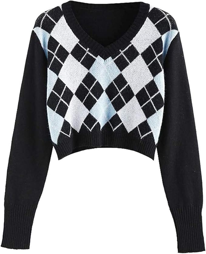 ROMOSE Lady Argyle Suéter Corto con Cuello En V Vintage Fall Aesthetic