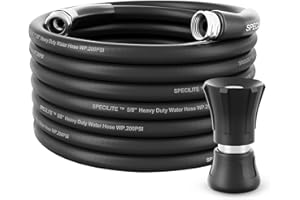 SPECILITE 5/8" Garden Hose 50 ft with High Flow Nozzle, Heavy Duty Flexible Hybrid Rubber Water Hose for Outdoor, Lightweight, Leak-Proof, No-Kink, 3/4"Stainless Steel Fittings,Black