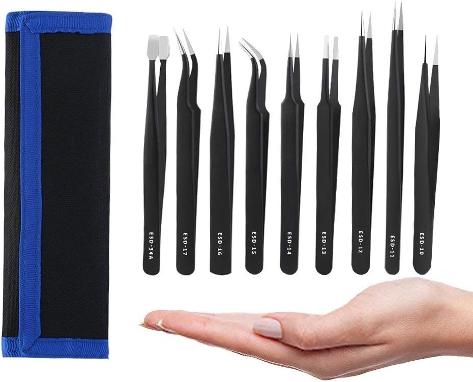 Karrong Tweezers Set Anti-Static Stainless Steel Precise ESD Tweezers for Straight Bent Repair Tool for Electronics, Jewelry Making, Laboratory, Industry