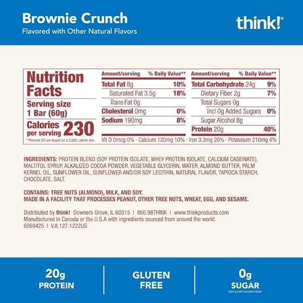 THINK! PROTEIN BARS, HIGH PROTEIN SNACKS, GLUTEN FREE, SUGAR FREE ENERGY BAR WITH WHEY PROTEIN ISOLATE, BROWNIE CRUNCH, NUTRITION BARS WITHOUT ARTIFICIAL SWEETENERS, 2.1 OZ (12 COUNT)