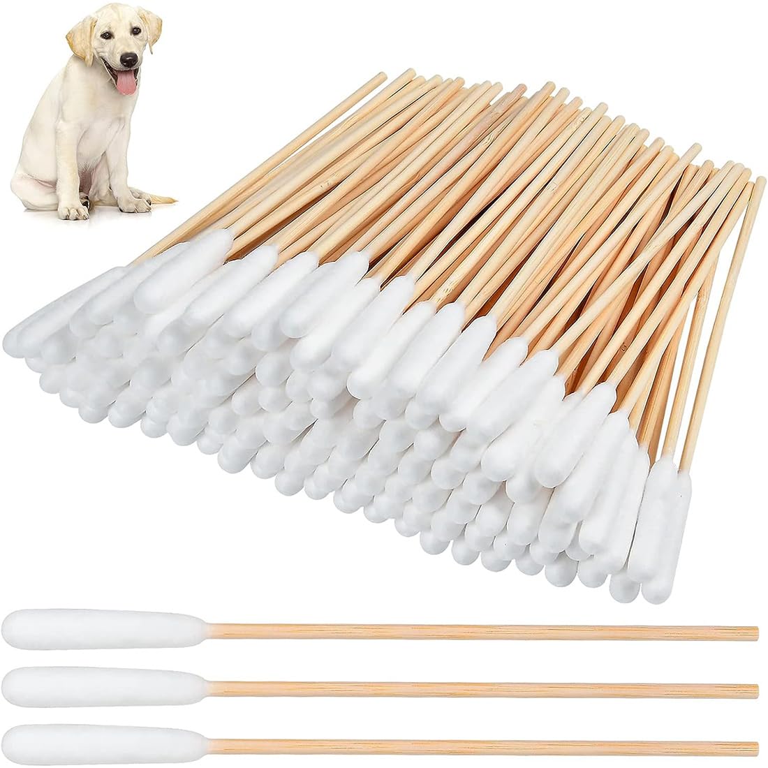 100 Pcs Pet Dog Ear Cleaner Cotton Buds, 6 Inch Large Cotton Buds, Pet Ear Cleaning Cotton Swab Sticks, for Cat Dog Ear Wax Infection Removal