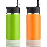 koodee 2 Pack Water Bottle with Straw 18 oz Stainless Steel Double Wall Insulated Water Bottle with Sleeve, BPA Free (Purple-Black)