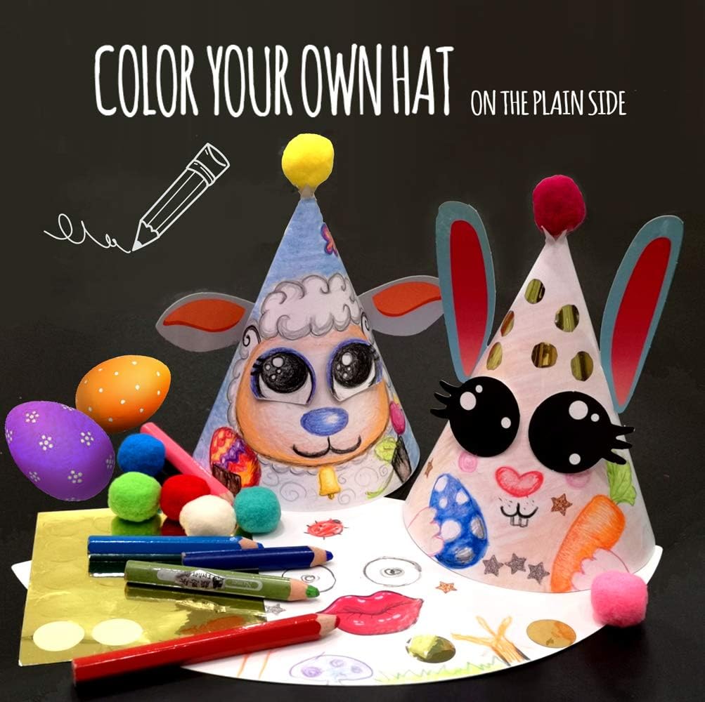 Fun Cone Hats Making Activity Kit – DIY Art & Craft Project Set w/ 12 Colorful Hats, Pompoms and Stickers. Enjoyable Indoor Family Time at Home. Party Celebration Kit for Kids Birthday, Spring Break, Easter, Christmas, Fiesta, Thanksgiving and New Year. Great as Handmade Decoration and Gifts, Group Activities, Game Supplies for Crafty Boys & Gir