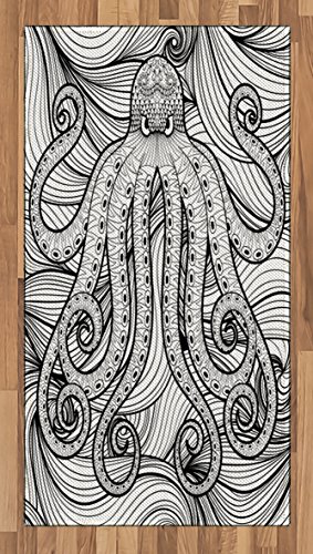 Ambesonne Octopus Area Rug, Kraken Octopus in The Sea Ethnic Mandala Style Pattern Artistic Tentacles Marine, Flat Woven Accent Rug for Living Room Bedroom Dining Room, 2.6 x 5 FT, Black White