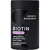Sports Research® Extra Strength Vegan Biotin 5,000mcg with Organic Coconut Oil - Helps to Maintain Healthy Hair, Nails and Sk