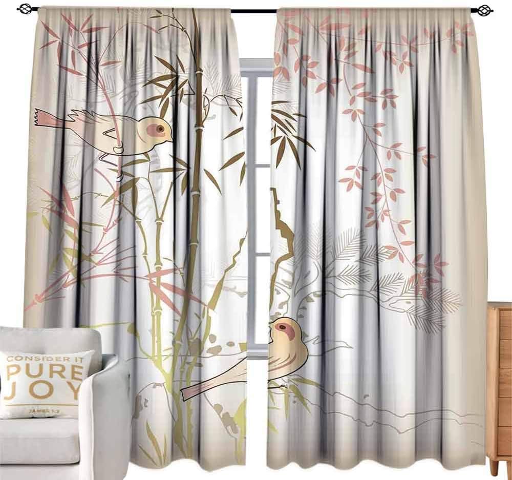 Blackout Curtain Bamboo Tree,Vintage Nature Bamboo Leaf and Cute Birds on Branches Floral Animal Print,Pink Tan Khaki W108 x L96 inch,for Small Window