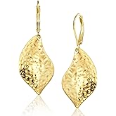 Sterling Silver Hammered Leaf Dangle Earrings for Women Trendy Lightweight Hypoallergenic 14K Gold Plated Drop Earrings French Leverback