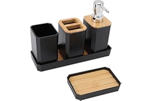 Bathroom Accessories Set Bath Ensemble Set Toothbrush Holder Cup Lotion Bottles Soap Dish Tray, for Home Hotel Guest Bamboo W