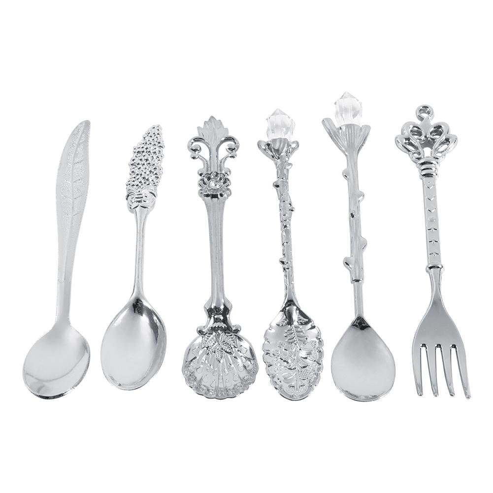 Exquisite Retro Spoons Fork Set, Royal Nostalgic Carved Flatware for Fruit, Coffee, Cake, Dessert, Sweet Snacks etc. 6Pcs/Set(Silver)