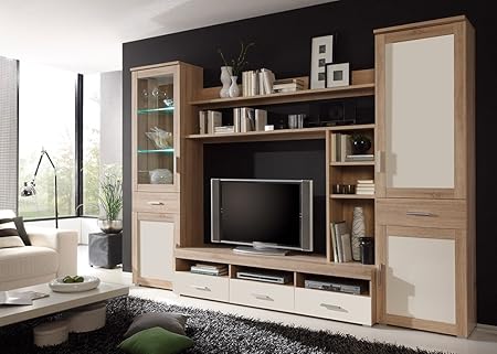 Wohnwand Eiche Melamin/ Magnolie Weiss Melamin: Amazon.de: Küche & Haushalt