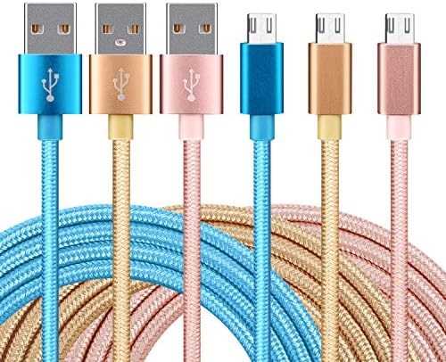 Nylon Braided Micro USB Charger with Aluminum Shell - 6 Feet - 3 Pack (Green Blue Purple)