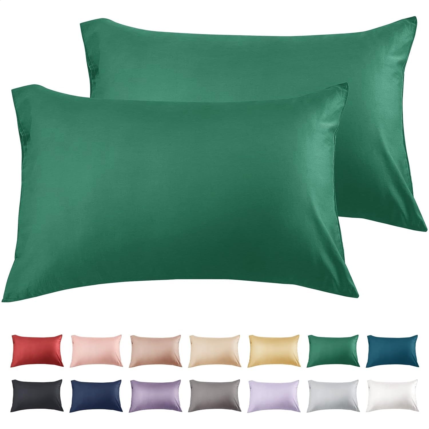 Warmstar Dark Green Cotton Pillow Cases 2 Pack, 600 Thread Count Soft Pillowcases Breathable,Satin Weave Long Staple Cotton Pillow Case Hotel Quality Hypoallergenic with Envelope Closure,50 X 75 CM