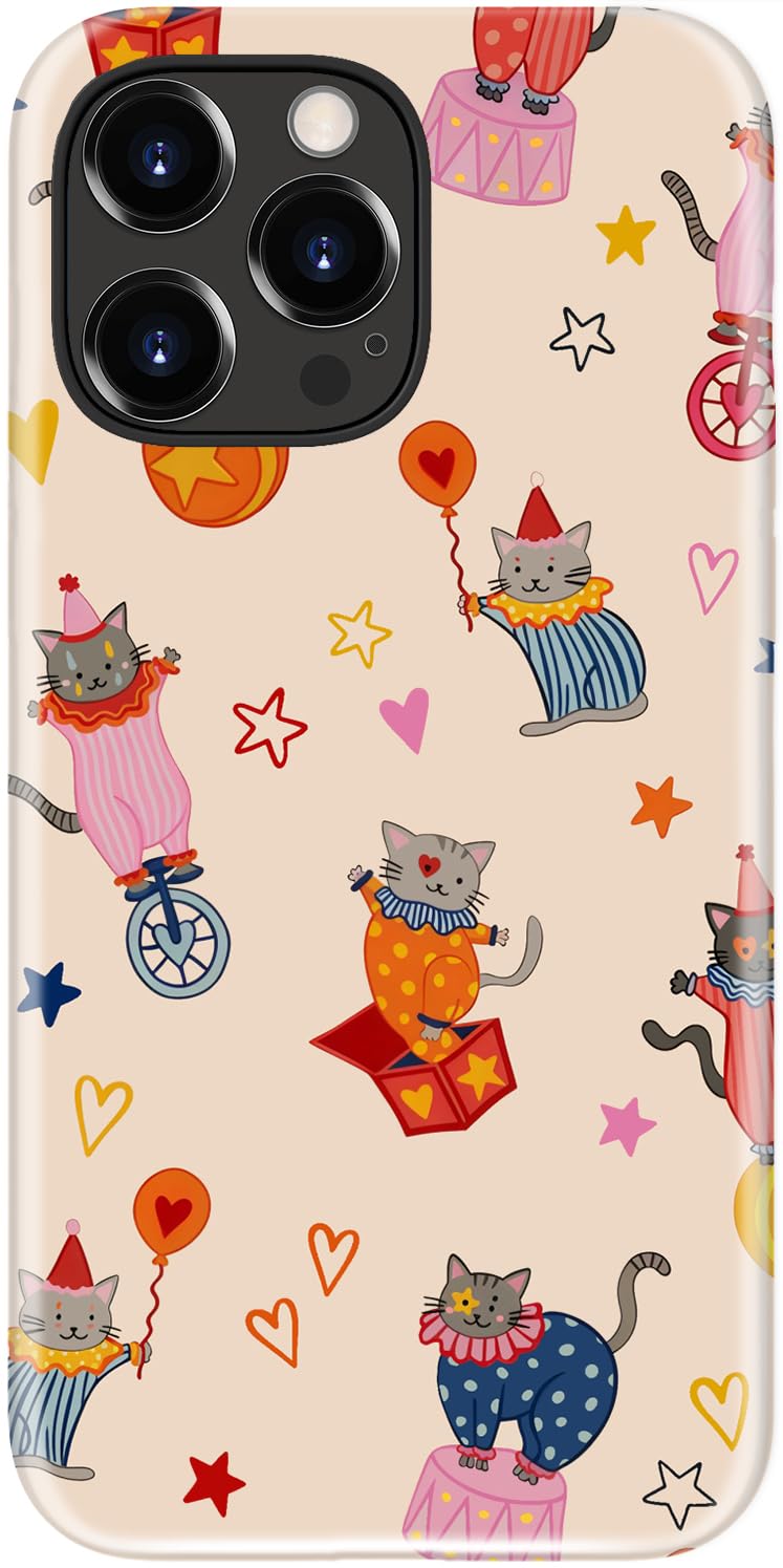 LUMARKE for iPhone 15 Pro Case Cute - Wireless Charging Compatible - Dual-Layer Soft Silicone + Hard Shell - Trendy Floral Design - Glossy Phone Cover for Women - Circus Cat Carnival