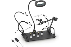 EOOKU Helping Hands Soldering Circuit Board Holder Magnetic Third Hand Tools with 3X LED Magnifying Lamp, 360 Hot Air Gun Holder, Flexible Metal Arms Heavy Duty Base Electronic Repair Tool Magic Hand