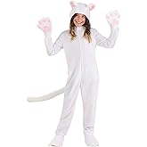 White Cat Costume for Kids - Jumpsuit with Tail, Headpiece, Shoe Covers, and Mitts