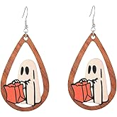Wooden Halloween Earring Funny Cartoon Ghost Earrings Wood Creative Freak Show Ghost dangle Earrings for Cosplay Party Halloween Jewelry for Women (Ghost)